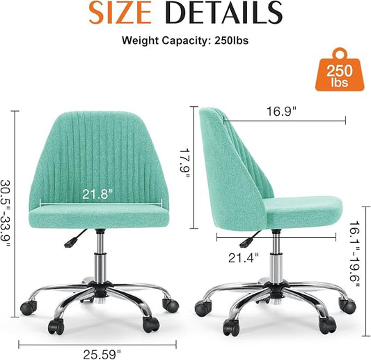 Sweetcrispy Armless Vanity Chair, Cute Comfy Home Office Desk Chair with Wheels, Modern Upholstered Task Computer Seat for Bedroom, Study, Makeup Vanity, Height Adjustable & Swivel, Mint