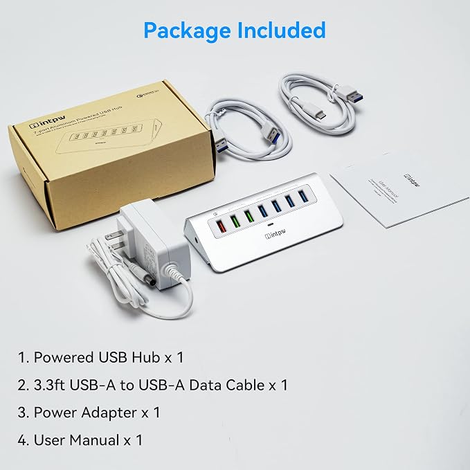 Powered USB Hub 10Gbps, 7 Port USB 3.2 Gen 2 Hub with 4 USB 3.2 Data Ports, 3 Fast Charging Ports, 36W Power Adapter, Type A and Type C Cable, Aluminum USB Hub for Laptop, Mac, PC
