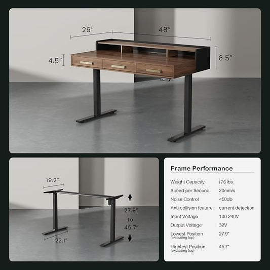 ModernMate Electric Standing Desk with 3 Drawers & Monitor Shelf, 48" Height Adjustable Sit Stand Desk with Storage, Home Office Computer Workstations for Small Space, Black Walnut