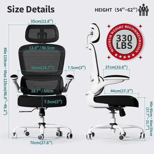 TRALT Office Chair Ergonomic Desk Chair, 330 LBS Home Mesh Office Desk Chairs with Wheels, Comfortable Gaming Chairs (Black & White)