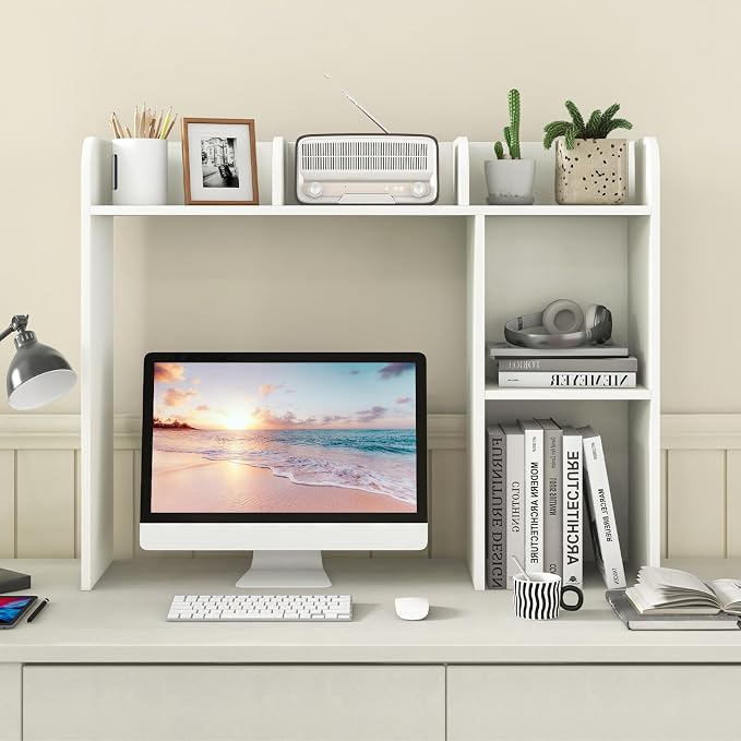 GOFLAME 5 Shelves Desktop Bookshelf, Wood Desk Hutch Dorm for Computer Desk, Countertop Display Rack, 3-Tier Desk Storage Organizer Shelf for Dormitory, Home Office, Study, White