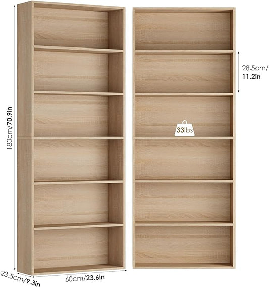 FOTOSOK 6-Tier Open Bookcase and Bookshelf, Freestanding Display Storage Shelves Tall Bookcase for Bedroom, Living Room and Office,Light Oak Set of 2