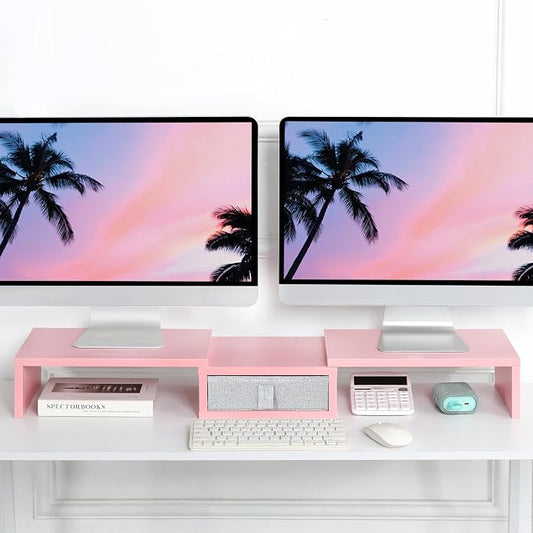 TEAMIX Pink Dual Monitor Stand Riser with Drawer - Length and Angle Adjustable Double Corner Desk Shelf Organizer 37 inch for 2 Laptop/PC/Screen/TV