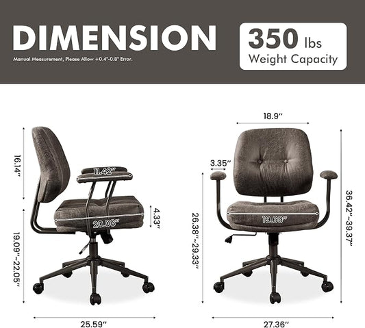 Leather Home Office Chair, Mid Back Ergonomic Desk Chair with Lumbar Support, Mid Century Modern Deep Seat Swivel Rocking Computer Chair, Dark Gray