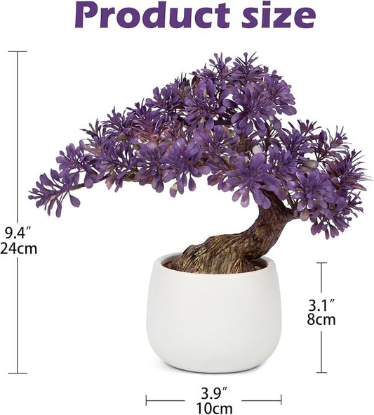 Fake Bonsai Tree Zen Juniper Bonsai Plant 10” Tall Artificial Bonsai Trees with White Ceramic Pot Decorated with Pebbles Desk Plant Indoor Bonsai for Home Office Decor Purple