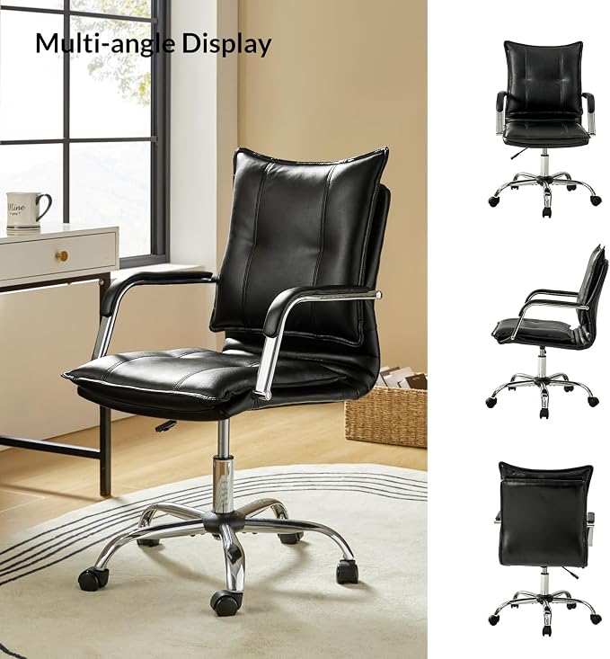 HULALA HOME Faux Leather Home Office Desk Chair, Adjustable Swivel Computer Chair with Sliver Legs and Arms, Comfy Upholstered Task Chair(Black)