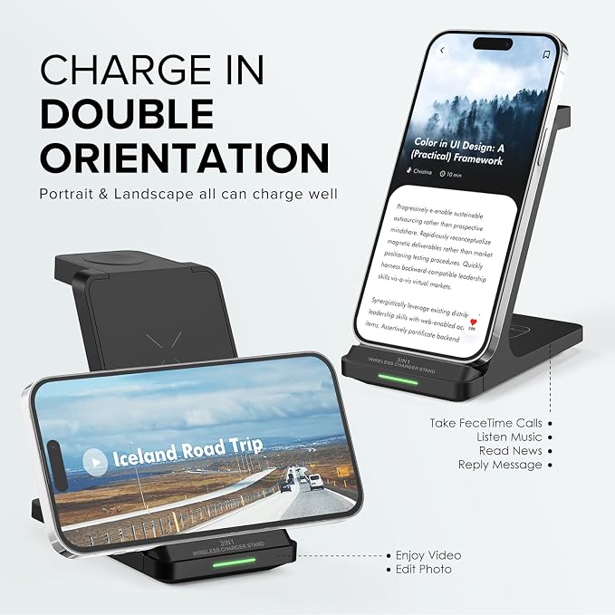 Wireless Charging Station, 3 in 1 Fast Wireless Charger Stand for Multiple Devices Apple Watch Ultra Series 11 10 9 8 7 6 SE 5 4 3 2, iPhone 17 16 15 14 13 12 11 Pro Max/Plus/Air/X/XS/XR/SE, Airpods