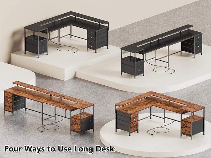 Furologee 66" Reversible L Shaped Gaming Desk with 6 Drawers & Printer Storage Shelves, Corner Computer Desk with Power Outlets & LED Lights, Home Office Table with Monitor Stand, Black