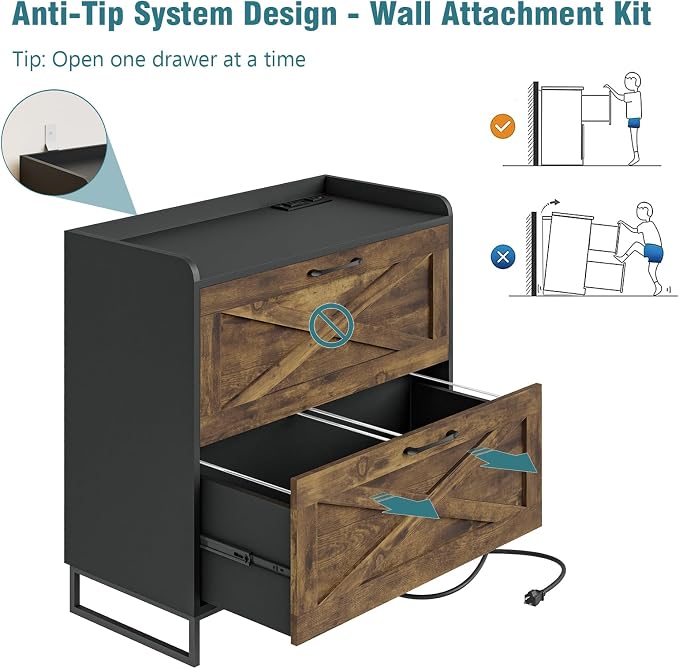 Vabches Lateral File Cabinet 2 Drawers File Cabinet with Charging Station, Modern Farmhouse Large Wood Home Office Furniture, Rustic Brown and Black