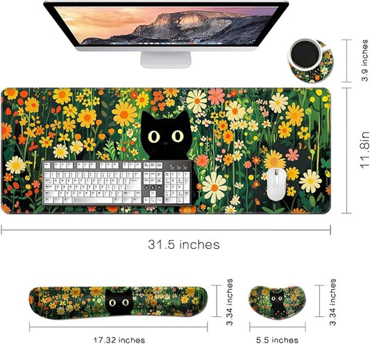 Desk Mat, Large Gaming Mouse Pad with Wrist Rest, 4 in1 XXL Mouse pad+Keyboard Wrist Rest+Mouse Pad Wrist Support+Cup Coaster Set, Ergonomic Desk Pad for Home Office,Floral Cat