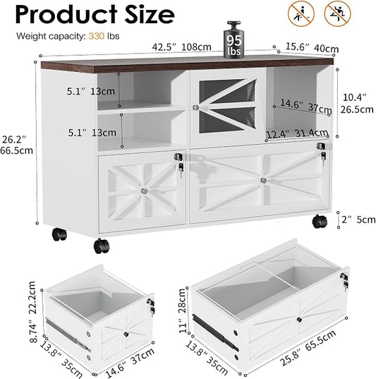 kepptory 2 Drawer File Cabinet with Lock, Rolling File Cabinet for Home Office Fits Files Letter/Legal/F4/A4, Filing Cabinet 2 Drawer with Adjustable Shelf & 2 Lockable Wheels (White + Brown)