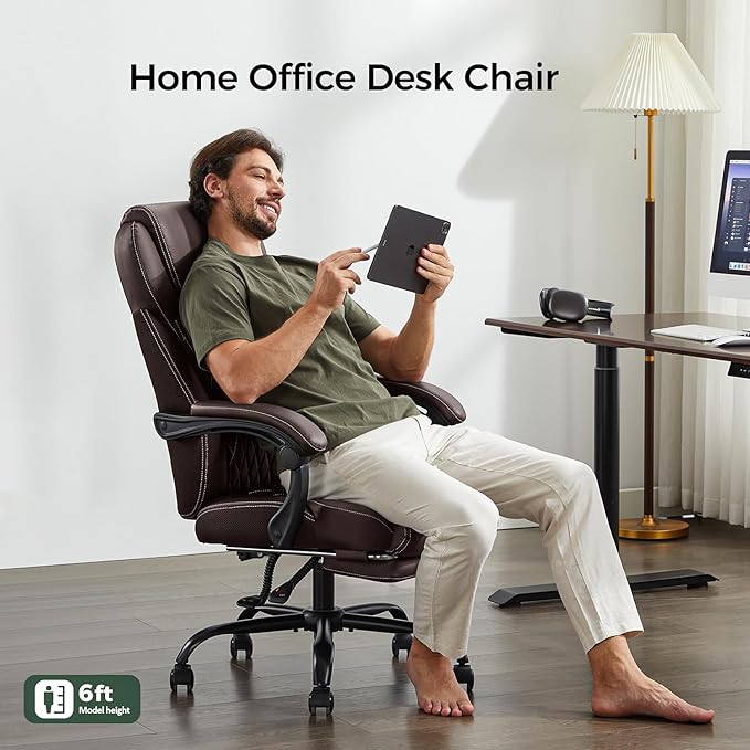 amseatec Big and Tall Office Chair with Footrest, Ergonomic Leather High Back Computer Chair Infinite Lock Reclining 90°-135°,20 Spring Packs,300lbs Executive Desk Chair for Home Office(Brown)