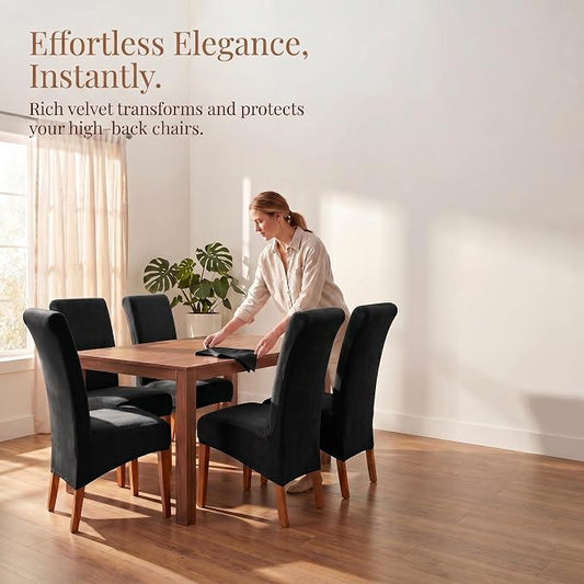 Deisy Dee Stretch XL/Oversized Extra Large Velvet Dining Room Chair Covers for Kitchen Dining,Removable Washable Chair Protectors Slipcovers (Black, 4)
