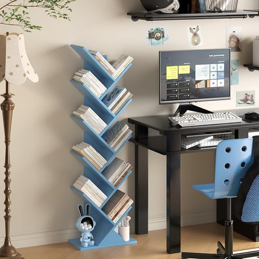SHEEPAM 10 Tier Tree Book Shelf, Floor Standing Wood Bookshelf for Narrow Space, Storage Organizer Bookshelves for Books/CDs/Magazine, Bookcase with Shelves for Home Office, Living Room - Pure Blue
