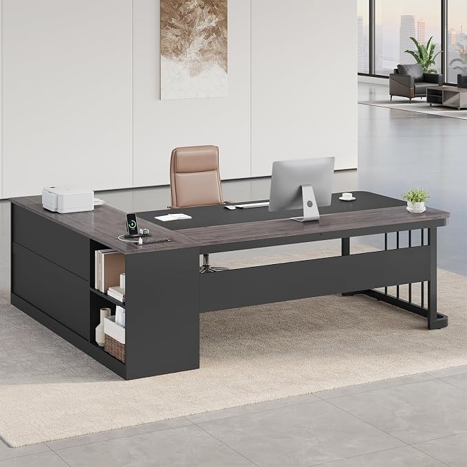 UPOSOJA 71" Executive Desk, Large Office Desk with Drawers & Storage Shelves, Modern L Shaped Computer Desk Corner Desk with Power Outlets, File Cabinet, Business Furniture Desk Workstation (Grey)