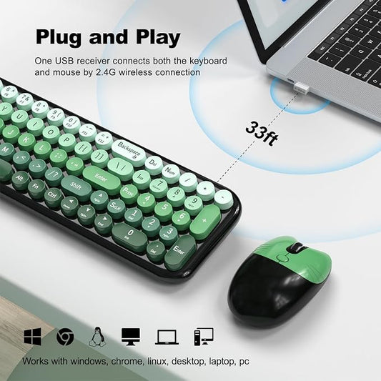 MOFII Wireless Keyboard and Mouse Combo, Full Size 2.4G Retro Round Computer Keyboard and Mouse Set, Plug and Play, for Windows, Computer, Desktop, PC, Notebook - (Green Gradient)