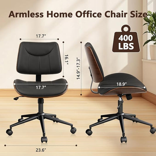 CLATINA Office Chair Armless with Wheels, Mid-Century Modern Walnut Desk Chair, Adjustable Height Reading Chair, PU Leather Mid Back & Swivel Computer Chairs for Home Meeting Room Bedroom, Black(1 PK)