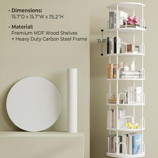 6 Tier Rotating Bookshelf Tower, Standing Tall Corner Wood, White Metal Modern Book Shelf Organizer Retro Vintage Rustic Modern Large Bookshelf Book Display Furniture for Your Home, Office, Kids