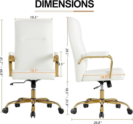 White and Gold Office Desk Chair,Leather Conference Room Chairs with Wheels,Modern High Back Executive Office Chair with Memory Foam,Ergonomic Swivel Computer Chair for Home Office