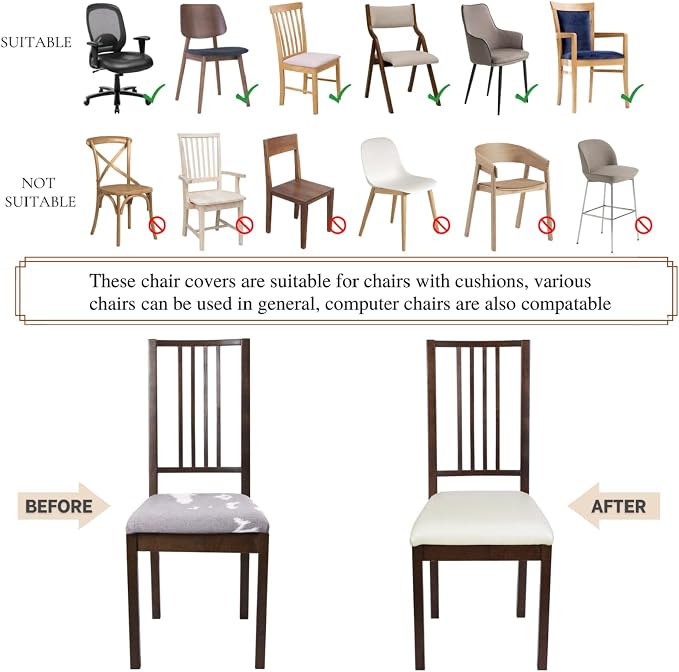 SearchI Waterproof PU Leather Seat Covers for Dining Chairs, 6 Pack Stretch Dining Room Chair Seat Covers, Kitchen Chair Seat Covers Protectors (Cream)