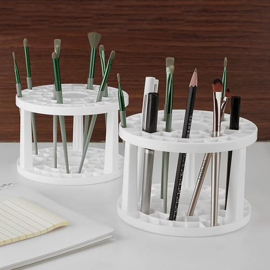 JANKINGS Paint Brush Holder 2-Pack, Plastic Round Paintbrush Organizer Stand with Stickers, Desk Brush Drying & Storage Rack for Watercolor, Acrylic, Gouache, Pens & Art Supplies