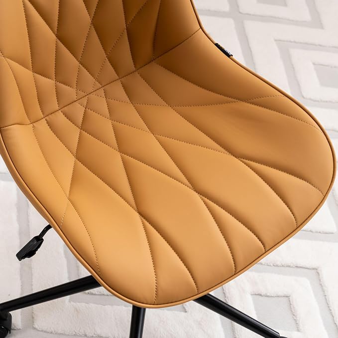 Rowill Modern Office Chair - Ergonomic Swivel Leather Desk Chair with Curved Backrest, Height Adjustable Rolling with Wheels, Perfect for Study Room & Office, Brown Yellow