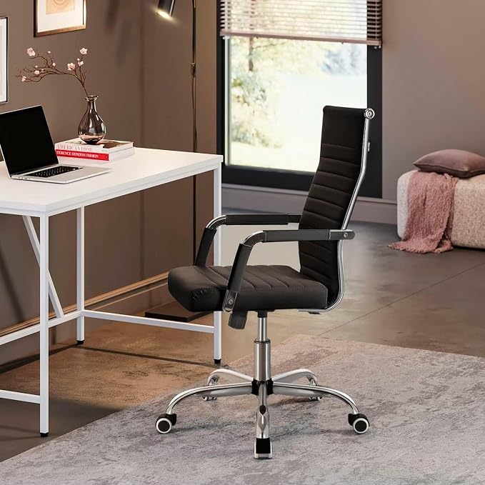 Shahoo Ribbed Office Chair, Mid-Back PU Leather Office Chair Executive Task Chair with 360° Swivel Wheels for Conference Room, Home Offices (Black)