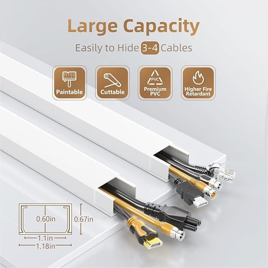 Delamu TV Cord Hider Wall, 142in Cable Hider, Large Cord Covers for 3-4 Wires on Wall, Paintable Wire Hiders Wire Covers for TV Cords on Wall, TV Cable Management Raceway, 1.18in W x 0.67in H, White