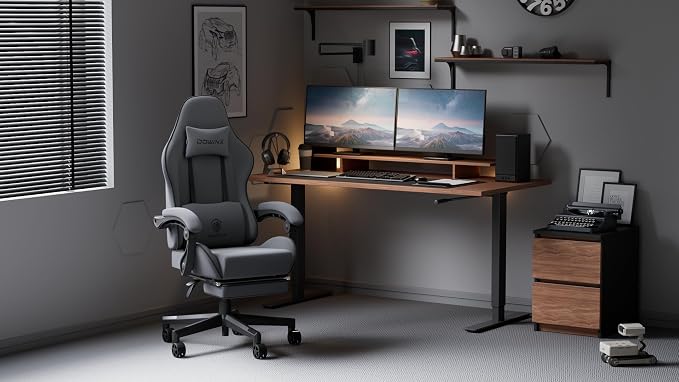 Dowinx Gaming Chair Fabric with Pocket Spring Cushion, Massage Game Chair Cloth with Headrest, Ergonomic Computer Chair with Footrest 290LBS, Light Grey