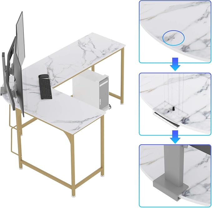 Teraves Reversible L Shaped Desk White - 66.1" Corner Gaming Computer Desk, Office Workstation Modern Home Study Writing Table, Marble Gold