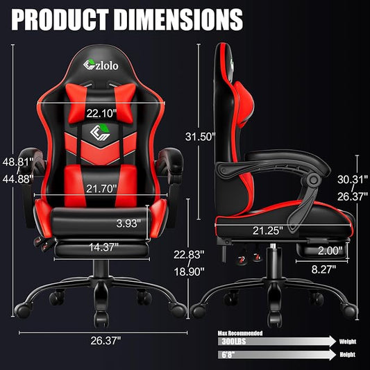 Czlolo Gaming Chair, Ergonomic Office Computer Chair with Footrest and Lumbar Support Massager Racing Style High Back Video Gamer Chair, Wide&Thick Cushion, 90°-135° Recline, Adjustable Height, Red