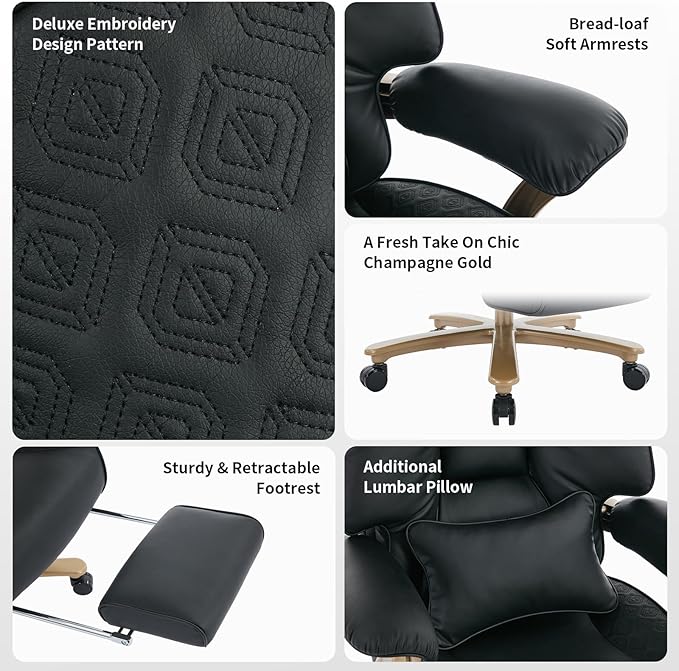 EXCEBET Big and Tall Executive Office Chair with Footrest, 400LBS Capacity Ergonomic High-Back Desk Office Chair with Lumbar Support, Padded Armrests & Thick Cushion, Black PU Leather Chairs