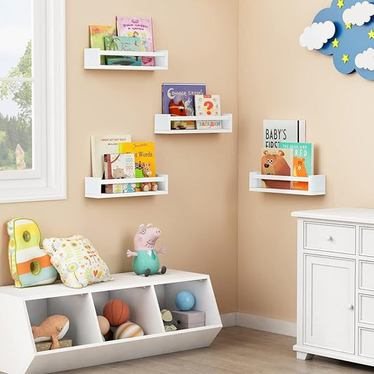Forbena Floating Nursery Book Shelves for Wall Set of 4, Wall Bookshelf for Kids Room, White Wood Hanging Bookshelves Book Shelf for Baby Toddler Childrens Boy Girl Bedoom Toy and Decor Storage