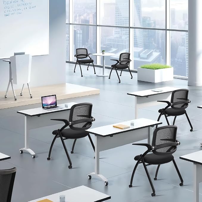 CLATINA Stackable & Foldable Conference Chair with Wheels, Ergonomic Mesh Back, 300lbs Capacity, Breathable Padded Seat, Adjustable Armrests, Office Chair for Reception, Training, Home, Black, 2PK