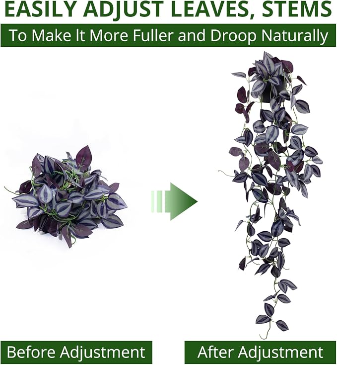 LOYWREE Small Fake Hanging Purple Eyebrow Leaf Plant Artificial Potted Plants Indoor 39-in Long Faux Dark Black Vine Plant with Pot for Shelf Home Office and Outdoor Garden Decor (Black Pot)