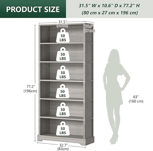 TVU 6-Tier Wooden Bookshelf, 77.2" Tall Farmhouse Style Open Bookcase, 31.5" W Standing Book Shelf with Storage, Suitable for Study, Living Room, Office, Grey
