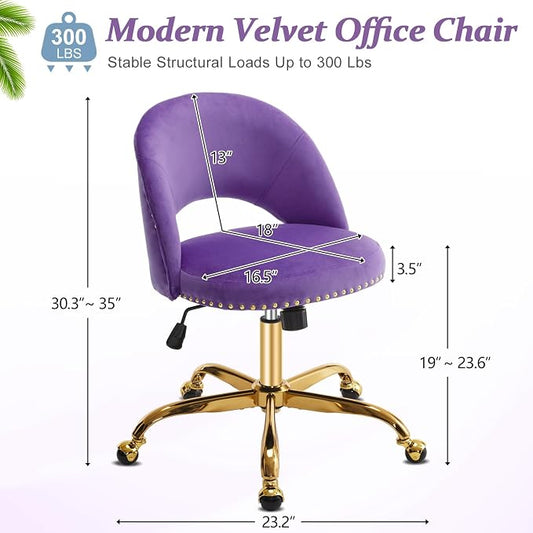 VINGLI Modern Velvet Small Office Chair,Cute Desk Chair with Wheels,Gold Base/Studs, Comfy Armless Swivel Vanity Task Chair for Women/Girl/Kids, Nail Tech Chair for Bedroom,Small Space,Violet Purple