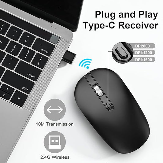 cimetech Type C Wireless Mouse, USB C Mouse 2.4G Silent Cordless Portable Computer Mice for Laptop, Notebook, MacBook Pro Air, Windows, Linux - Ambidextrous Black