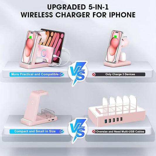 GAUOLN Wireless Charger for iPhone - 5 in 1 Charging Station for Multiple Devices Apple: Wireless Charging Stand Dock for iPhone 17 16e 16 15 14 13 12 Pro Max Apple Watch Airpods