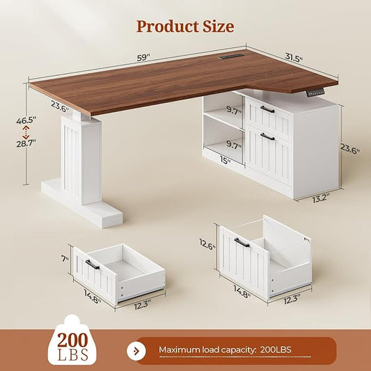 UPOSOJA 59" Farmhouse L Shaped Standing Desk with File Drawers, Electric Executive Desk Adjustable Height with Power Outlets, Storage Shelves, Sit Stand Corner Computer Desk for Home Office, White