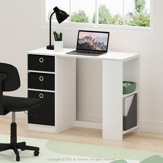 Furinno Jaya Desk, 39.4" Wide Gaming Desk with Drawer Bins, Computer Desk with Side Book Shelf, Writing Desk, Office Desk for Home Office, Study Room, Dorm, Bedroom, White