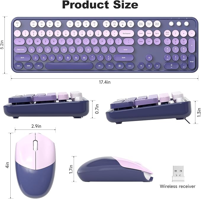 Wireless Keyboard and Mouse Combo, MOWUX Full Size Typewriter Retro Round Computer Keyboard, Cute Optical Mouse Wireless, Plug and Play, for Laptop, PC, Computer- Purple Gradient