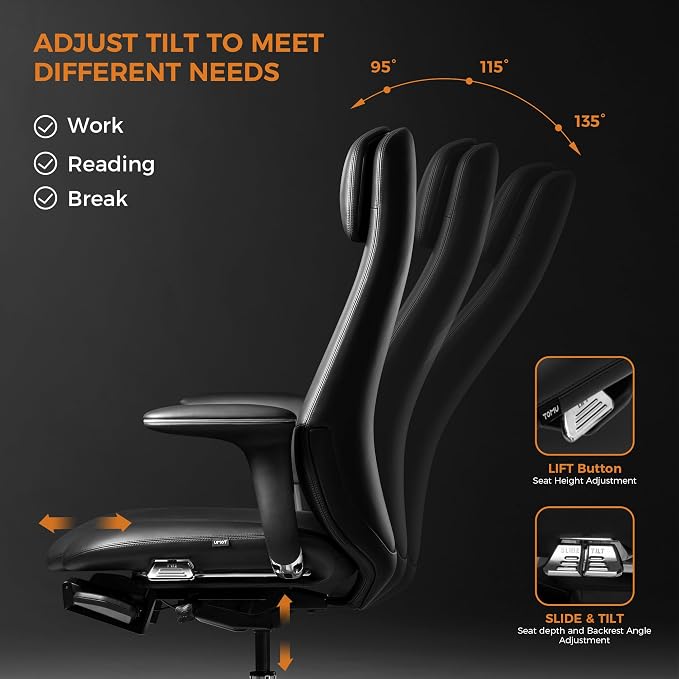 TOMU Executive Office Chair with Foot Rest, Top Grain Genuine Leather Office Chair, Ergonomic High Back Design. Real Leather, Wheels, Alumium Base. Padded Armrest, Luxury and Comfy (Black)