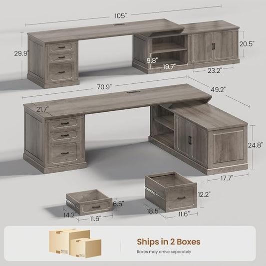SEDETA Farmhouse L Shaped Desk with Drawers, 70.9" Home Office Desk with Storage Cabinet and Storage Shelves, L Shaped Computer Desk with Power Outlet,Gray