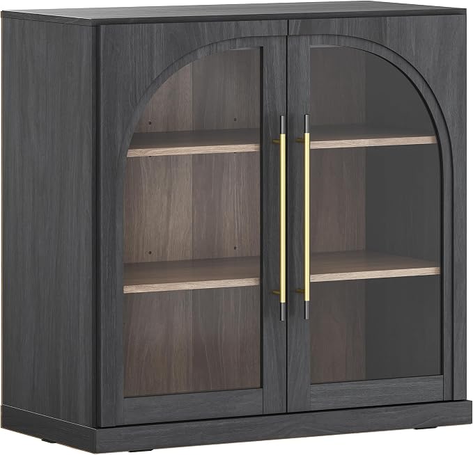 BELLEZE 32.5" Kitchen Storage Cabinet with Adjustable Shelves,Freestanding Accent Cabinet with Fluted Arched Design & Gold Handles,Modern Credenza for Living Room,Dining Room,Entryway - Ebony