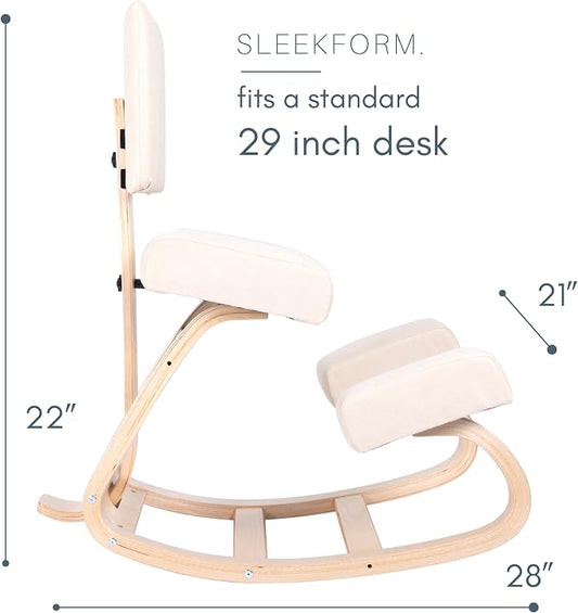Sleekform East Austin Ergonomic Kneeling Chair with Back Support - Winter Linen and Wood Ergo Stool for Desk - Best Ergonomic Kneeling Office Chair for Posture and Leg Circulation