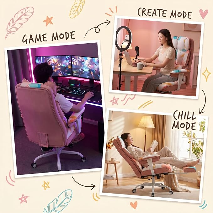 Efomao Watercolor Fabric Executive Office Chair Home Foot Rest, Pink | Soft Breathable Computer Desk Seat, Plush Comfy Cushion, Aesthetic Pastel Floral Patterns for Studio Vanity Cozy Setup