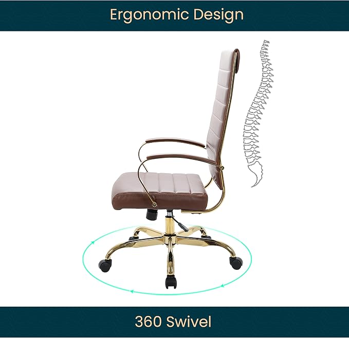 LeisureMod Modern High-Back Leather Office Chair - Swivel & Adjustable Executive Desk Chair with Gold Frame, Ergonomic Design for Home & Office (Brown, Single)