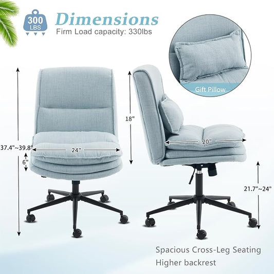 VINGLI Cloud Criss Cross Legged Chair,18" High Back Armless Home Office Desk Chair with Wheels,Wide Adjustable Comfy Padded Seat Task Computer Chair,Modern Swivel Makeup Vanity Chair,Fabric,Blue