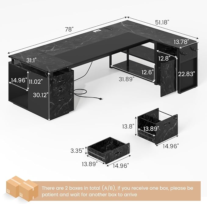 78" Executive Desk with Lockable File Cabinet, L Shaped Office Desk with Power Outlets, Large Executive Desk with Drawers and Storage Shelves, Reversible Computer Desk, Marble Grain